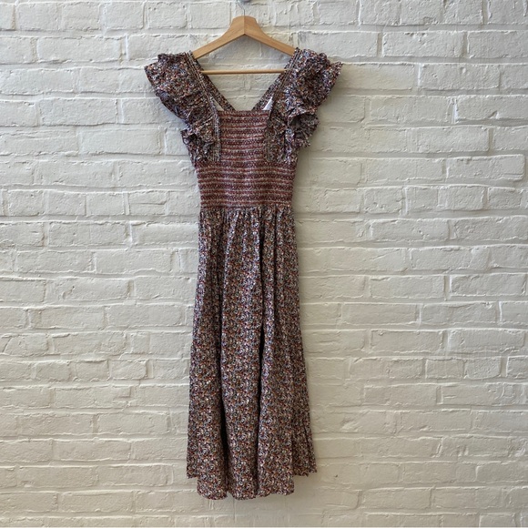Tuckernuck || O.P.T. Scilla Smocked Ruffle Midi Dress Floral Cotton Poplin XS - Picture 3 of 10